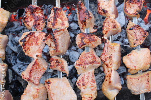 shashlik. Cooking meat on coals. picnic. barbecue. rest. Food in nature photo