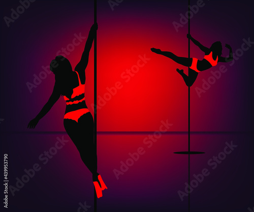 Pole Dancers silhouette on red gradient background