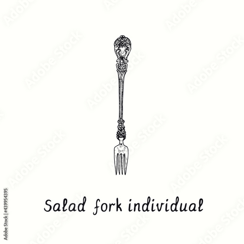 Salad fork individual with retro style decor. Ink black and white drawing  woodcut vintage style  illustration