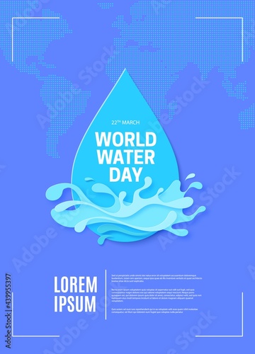 Save the Water ecological poster in paper cut style. Cut Out drop and splash on abstract background with world map silhouette. Environment card template 22 March World Water Day vector illustration.