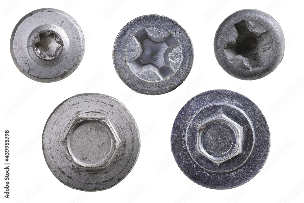 Screw heads used for assembling machine parts. Top view of bolts and screws.