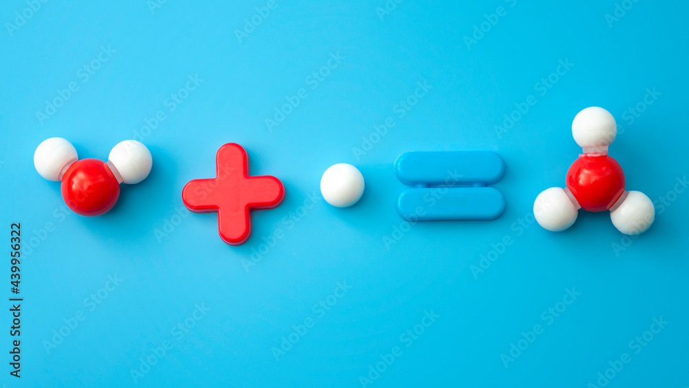Acids and bases neutralization, dissociation of water and redox chemical reaction concept with a hydrogen proton added to a water molecule resulting in hydronym