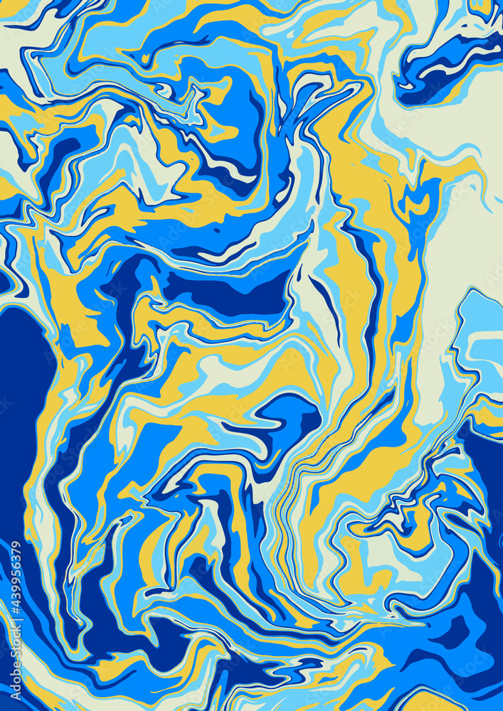 Liquid art texture. Abstract background with swirling paint effect. Painting with liquid acrylic that pours and splashes. Mixed paints for an interior poster. 
blue, yellow and gray iridescent colors.