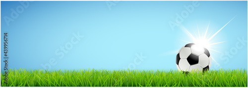 soccer ball on grass with blue sky and radiant reflecting light