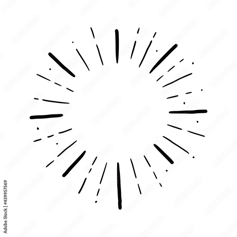 Obraz premium Hand drawn sunburst shine ray and sparkle element. Doodle sketch style. Circle burst of sun, star. Vector illustration.