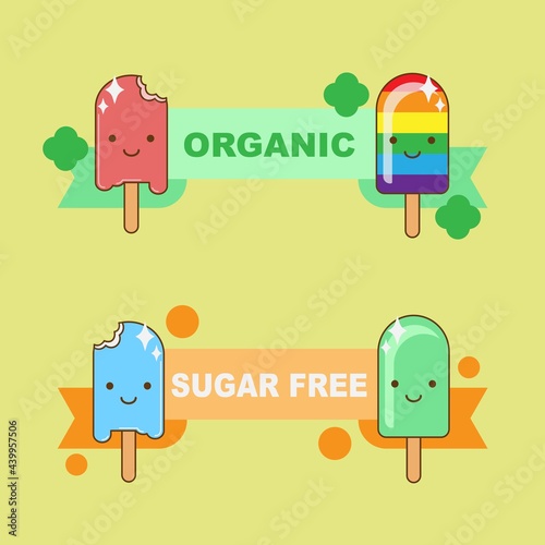 Cartoon ice cream signboard ribbon organic sugar free