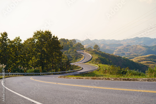 Road on the nountain, Hill road and the sky and forest