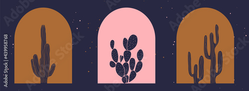 Vector set of linear boho desert plants icons and symbols,  Cactus logo design templates,  hand drawn elements for decoration in modern minimalist style for social media posts.