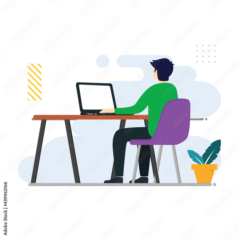 Working from home concept, A man work on laptop, stay at home on quarantine during the Coronavirus Epidemic. landing page website illustration flat vector template.