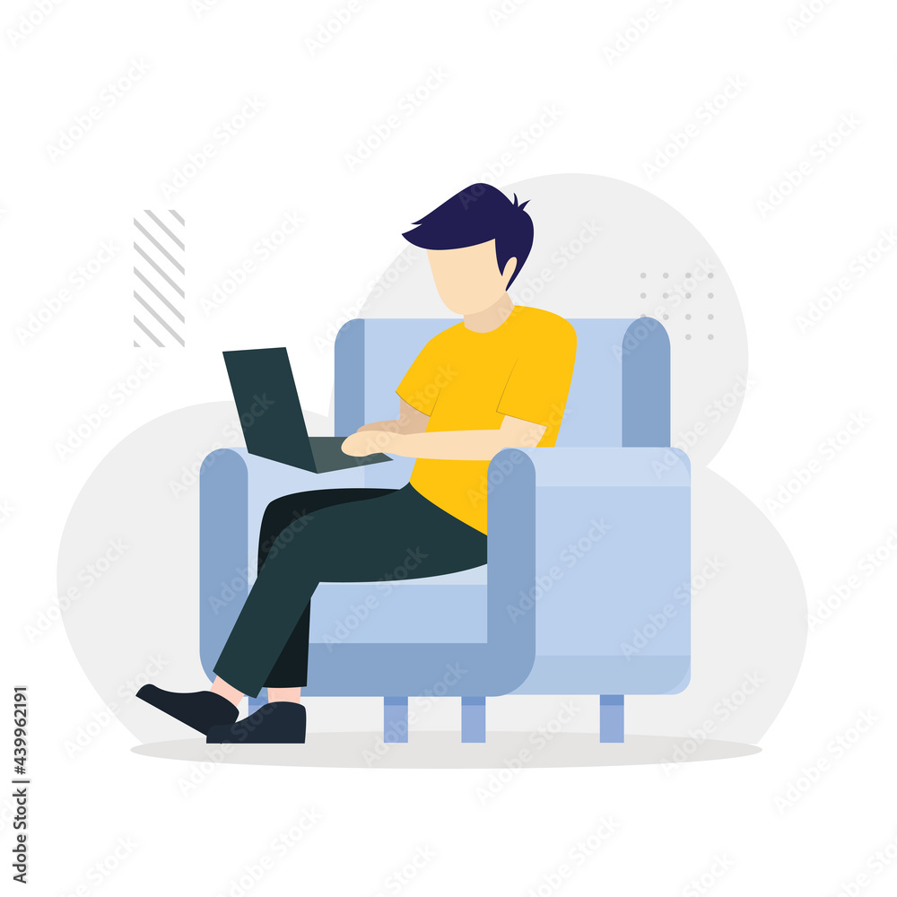A man works on a laptop on an armchair. Work from home concept. Freelance concept. landing page website illustration flat vector template. A man works on a laptop on an armchair. Work from home concept. Freelance concept. landing page website illustration flat vector template.