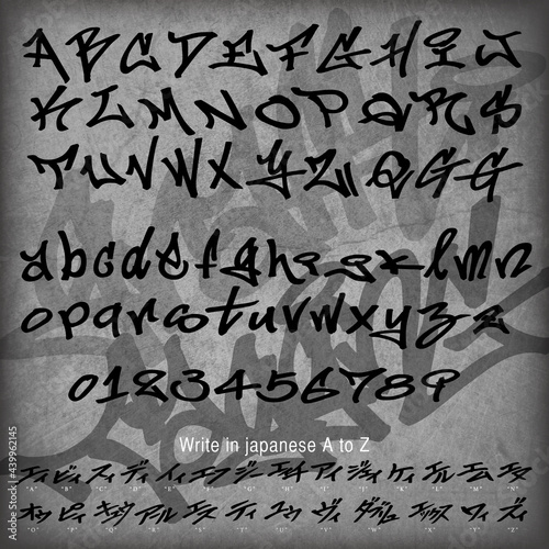アルファベットと日本語のグラフィティカリグラフィーと数字のベクター素材 - Graffiti alphabet. Vector. Handmade alphabet for your designs posters, logo.
