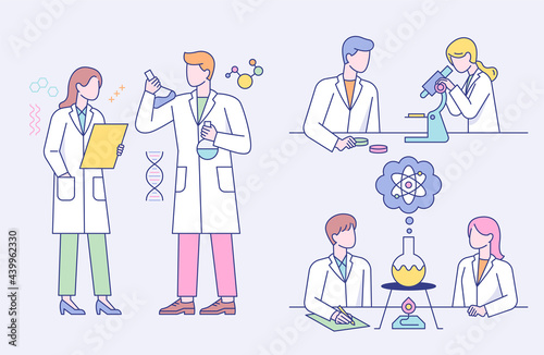 Scientists are doing scientific experiments and research together. flat design style minimal vector illustration.