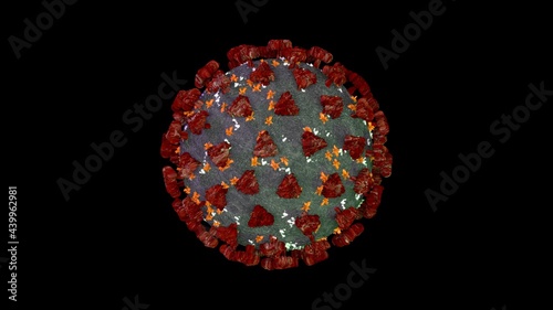 Coronavirus or covid-19 in microscopic view of floating influenza virus cells as dangerous flu strain cases as a pandemic medical health risk isolated on black background. 3D rendering.
