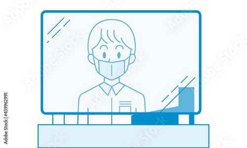 パーテーションで受付をする男性店員のイラスト