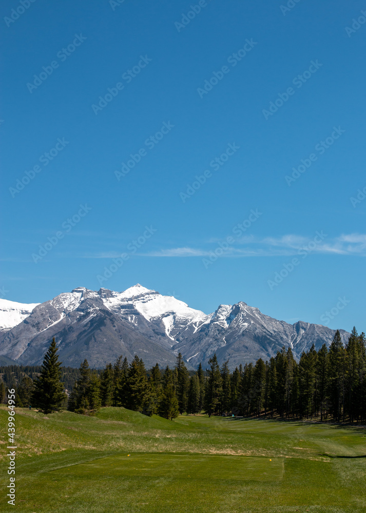 Golf course in the mountains on a sunny day. Leisure and summer sports concept