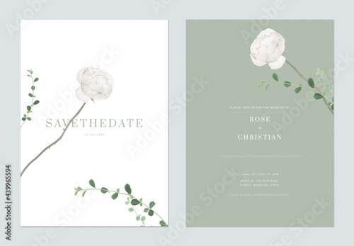 Minimalist foliage wedding invitation card template design, white rose and green Siamese rough bush leaves