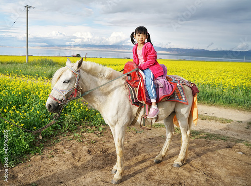 Portrait Asian child girl riding horse in beautiful landscape in qinghai lake with flower