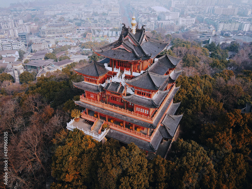 Aerial view of Chenghuang Pagoda (City God pavilion) in Hangzhou, China photo