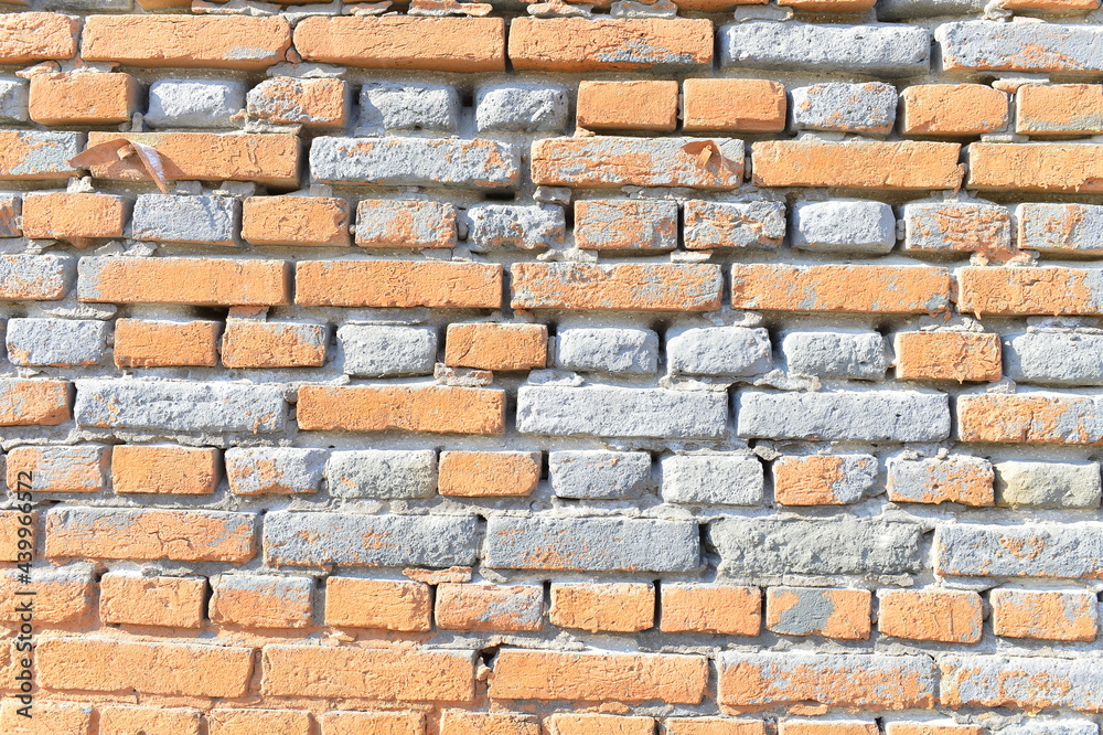 Fototapeta premium Red grunge brick wall, abstract background texture with old dirty and vintage style pattern