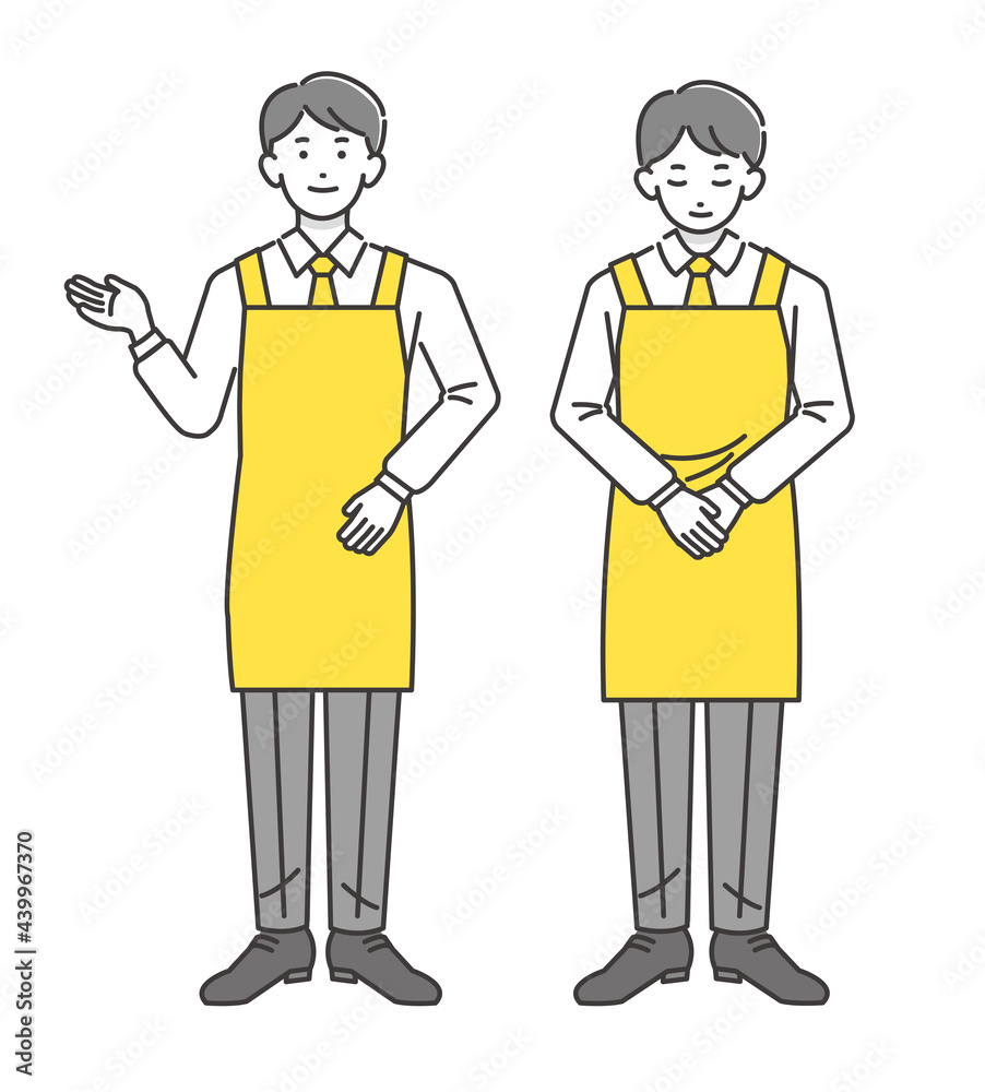 案内とお辞儀をするエプロン姿の男性のベクターイラスト素材 スーパー 飲食店 Stock Vector Adobe Stock