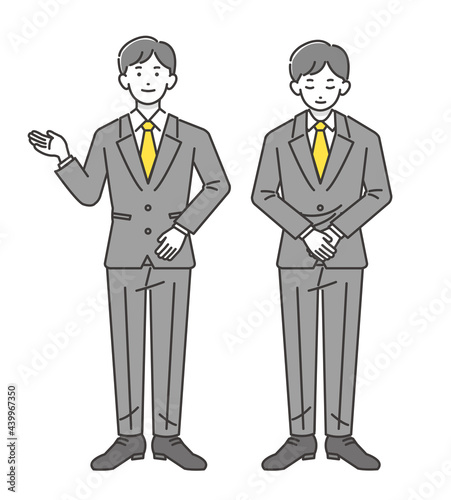 案内とお辞儀をするスーツの男性のベクターイラスト素材／ビジネス／どうぞ／立礼