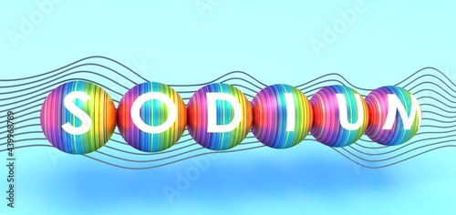 Sodium chemical element name on spheres. 3D illustration