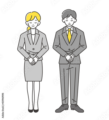 お辞儀をするスーツの男女のベクターイラスト素材／ビジネス／謝罪／礼