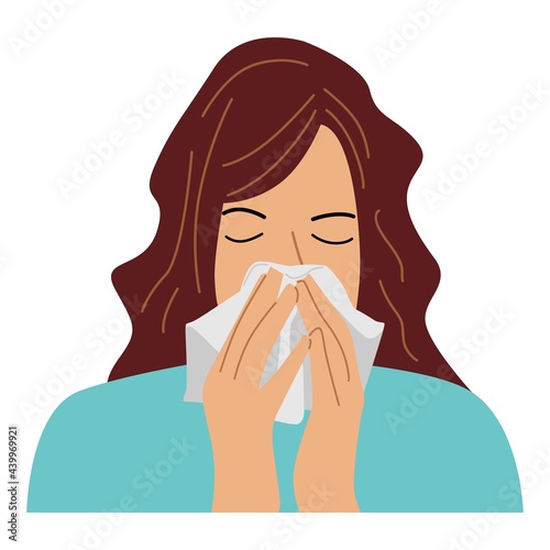 Cold, flu. Girl with handkerchief. Design vector flat illustration