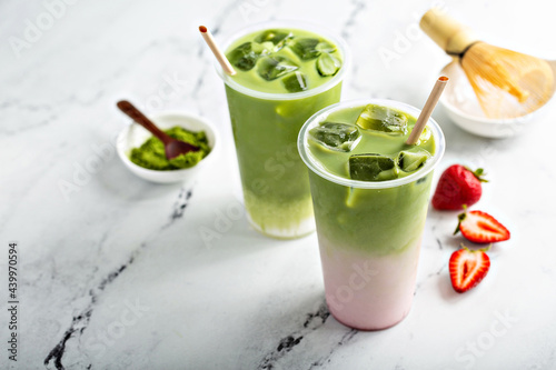Картината върху платно Cold matcha latte in a tall glass on marble