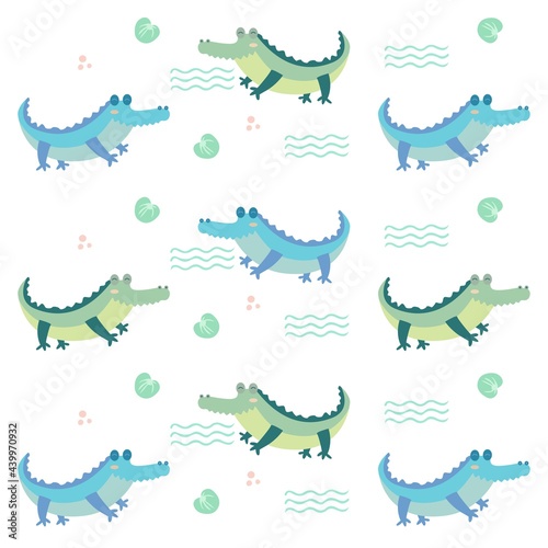 Fototapeta Naklejka Na Ścianę i Meble -  Cute alligator vector. Perfect set for scrapbooking, baby shower, childish poster, tag, sticker kit. Kawaii alligator wild animal.