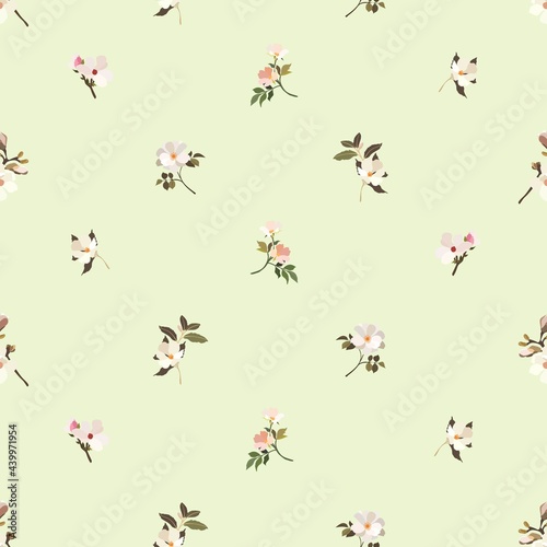 Vintage flowers. Seamless pattern. A branch of a blossoming tree. Flat vector isolated illustration. Pastel colors.