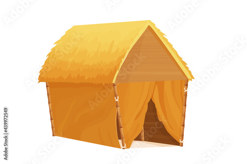 Beach bungalow, tiki hut with straw roof, bamboo and wooden details on sand in cartoon style isolated on white background. Fantasy building, vacation concept. Vector illustration