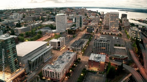 Cinematic 4K drone footage of the Convention Center, downtown commercial area of Tacoma, a city near Seattle in Western Washington, Pacific Northwest, the economic center of Pierce County photo