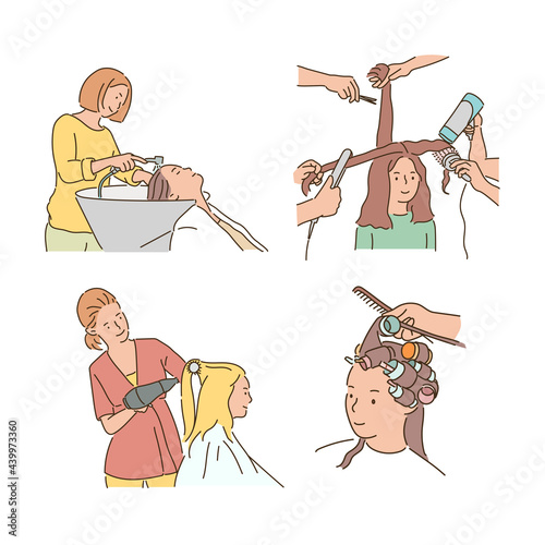 People doing various hairstyles in beauty salon.