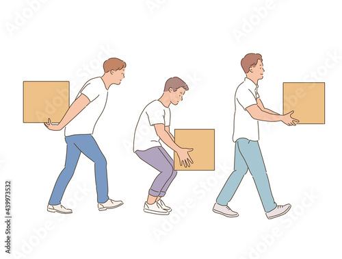 People carrying boxes of various weights. hand drawn style vector design illustrations. 