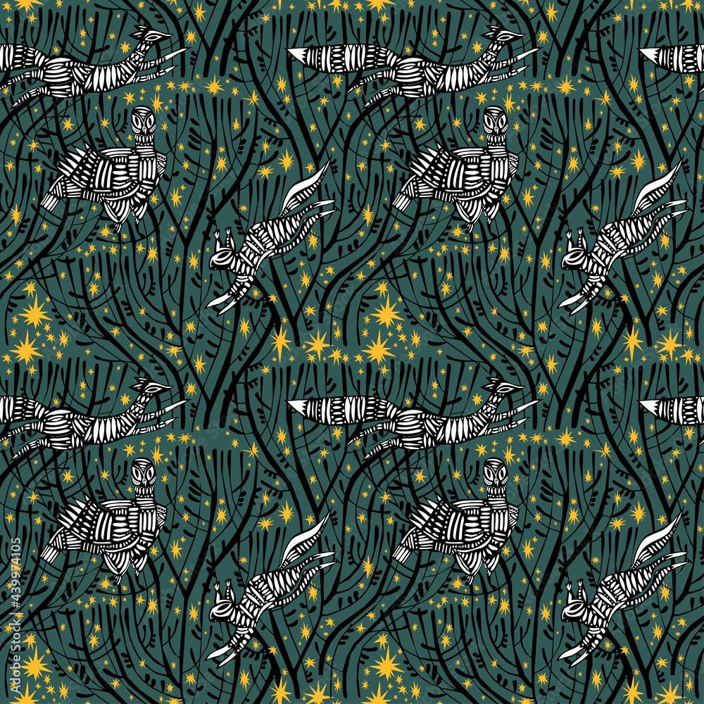 Obraz premium Tree branches at dreamy starry night with animals and birds seamless pattern in minimalism aesthetic background.