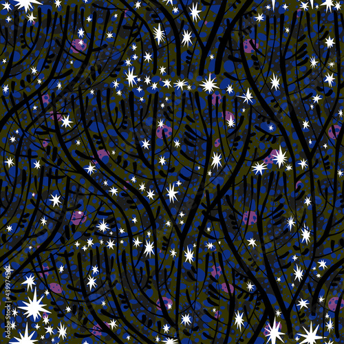 Funky tree branches at dreamy magic night with stars in the sky. Natural seamless pattern in minimalism background.