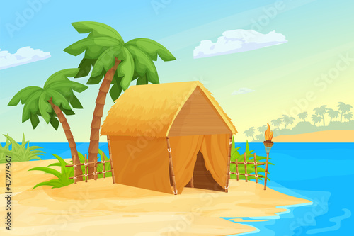 Seascape with island, hut or bungalow with straw roof and bamboo decorations, palm trees, tiki torch with fire and sand in cartoon style. Exotic scene, vacation concept. Horizontal landscape. Vector i
