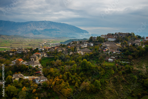 GJIROKASTRA, ALBANIA: Gjirokastra town cityscape top view from Castle. photo