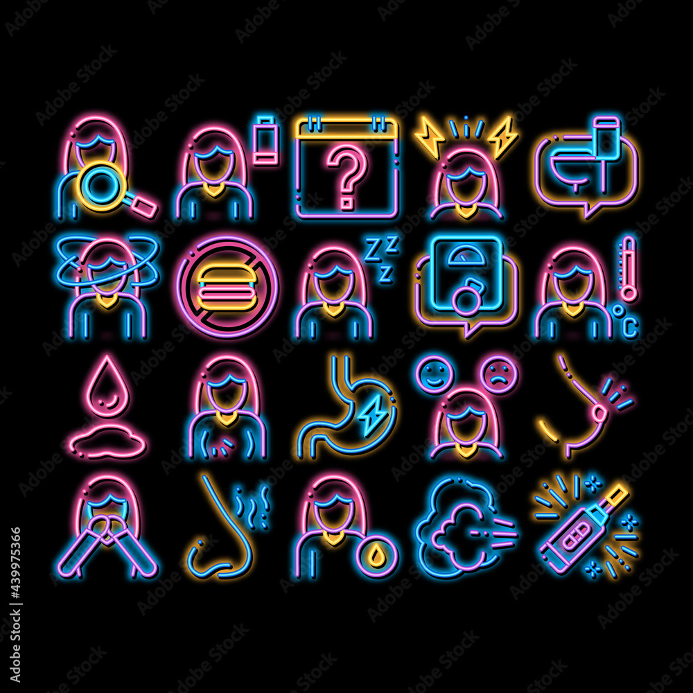 Symptomps Of Pregnancy Element neon light sign vector. Glowing bright icon Fatigue And Nausea, Food Aversion And Frequent Urination, Constipation And Faintness Symptomps Of Pregnancy Illustrations