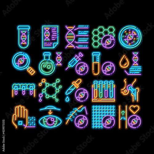 Biomaterials Elements neon light sign vector. Glowing bright icon Biology And Science Flasks, Bioengineering, Dna And Medicine Vaccine Biomaterials Illustrations