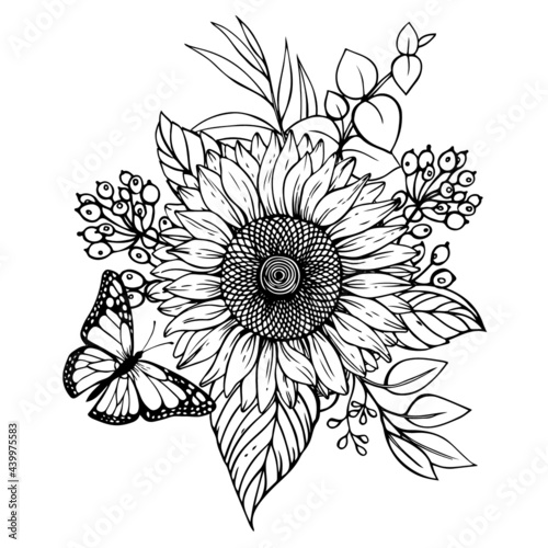 Beautiful vector bouquet with a butterfly of sunflowers sketch style.