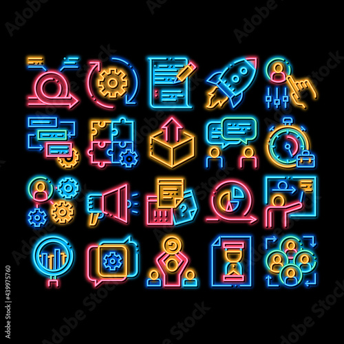 Scrum Agile Elements neon light sign vector. Glowing bright icon Agile Rocket And Document File, Gear And Package, Loud-speaker And Stop Watch Illustrations