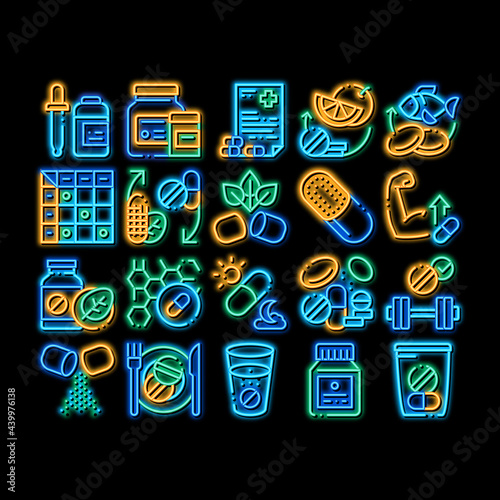 Supplements Elements neon light sign vector. Glowing bright icon Pills And Drugs, Plastic Container With Dropper Bio Healthcare Supplements Illustrations