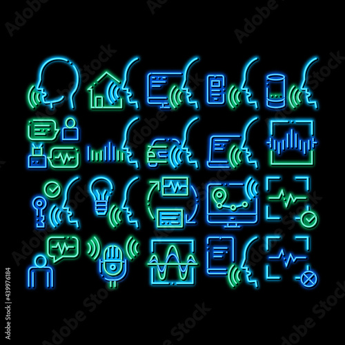 Voice Control Elements neon light sign vector. Glowing bright icon Voice Controlling Smart House And Car, Laptop And Smartphone Illustrations