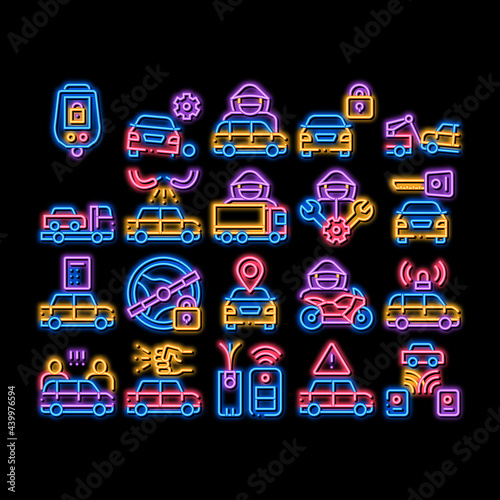 Car Theft Elements neon light sign vector. Glowing bright icon Car Theft On Truck, Thief Silhouette Near Motorcycle And Van, Signaling And Electronic Key Illustrations