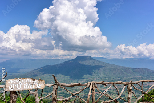 Landscape beautiful mountain scenery view on Phu Pa Por viewpoint. Famous tourist Attraction at Loei, Similar Mt.Fuji. on sign board wrote as Phu Pa Poh in Thai
