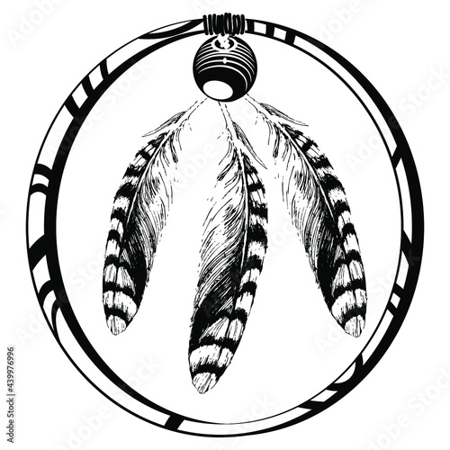 Dreamcatcher amulet. Peace sign with three striped bird's feathers inside round wooden frame. Black and white silhouette.