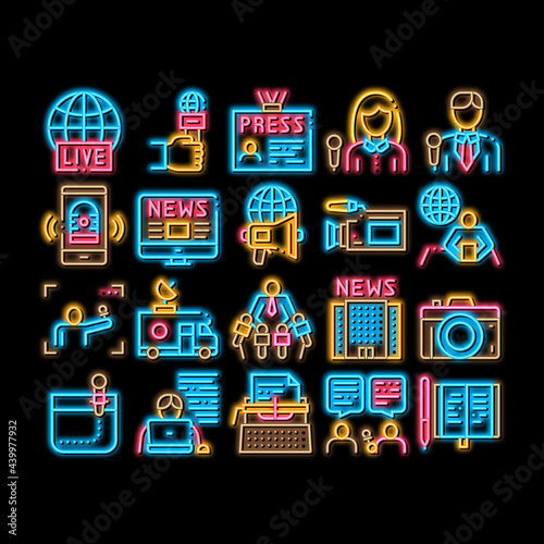 Journalist Reporter neon light sign vector. Glowing bright icon Journalist And Hand With Microphone, Video And Photo Camera, Press And Live News Illustrations