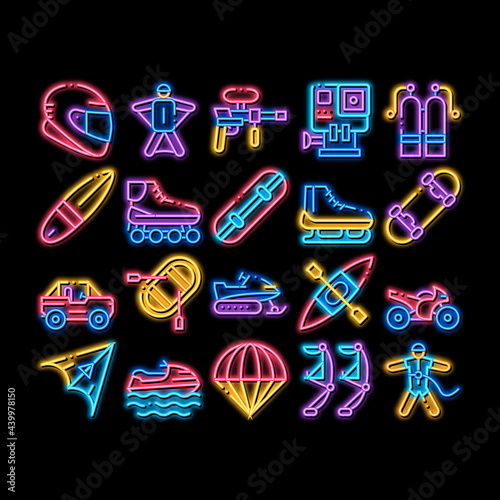 Extreme Sport Activity neon light sign vector. Glowing bright icon Bike And Crash Helmet, Parachute And Hang-glider Equipment For Extreme Active Illustrations